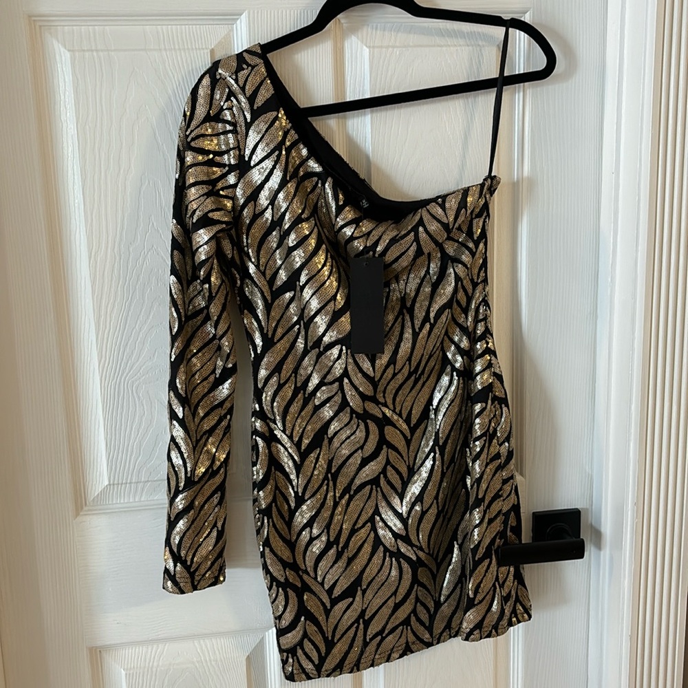 Gold Sequins Cocktail Dress. One sleeve asymmetrical.